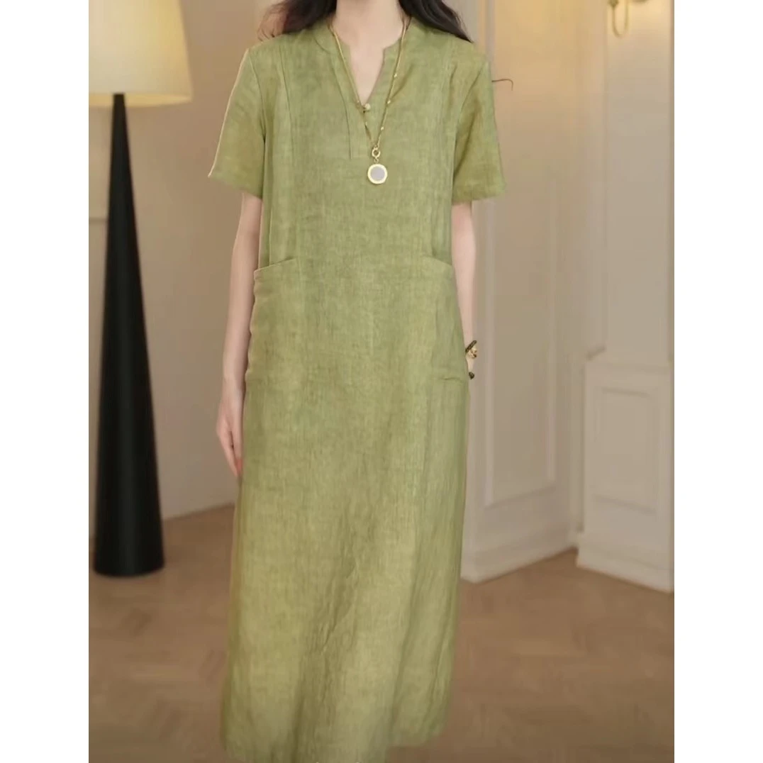 2025夏季女复古原创气质天丝苎麻A字裙宽松显瘦中式V领连衣裙3048
