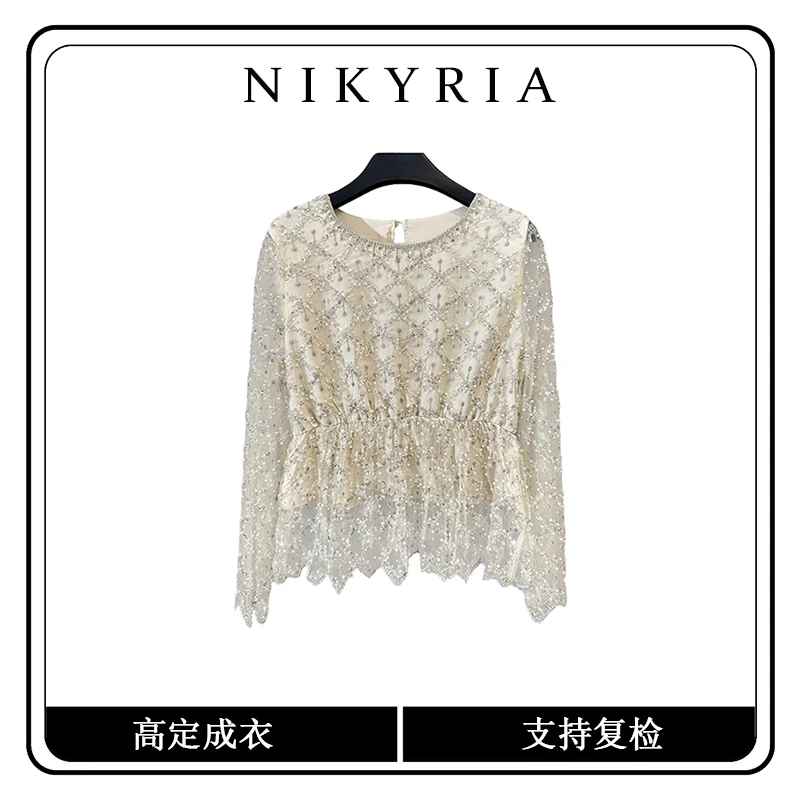 【少女诗】2025春季新款女小众重工亮片上衣长袖法式蕾丝小衫