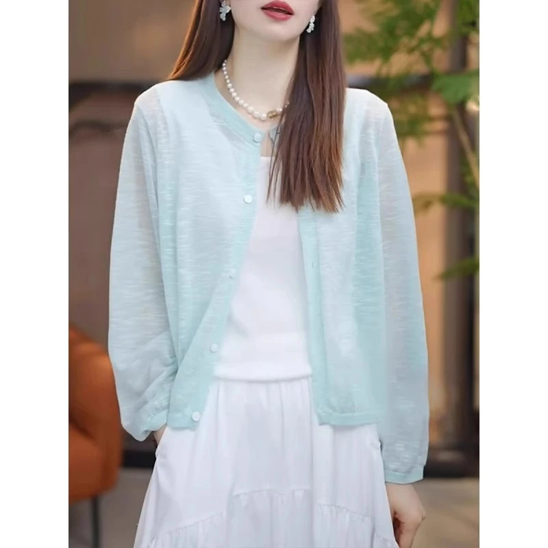 芯娇晴蓝色轻薄针织防晒开衫女2025夏季新款空调外套宽松显瘦上衣