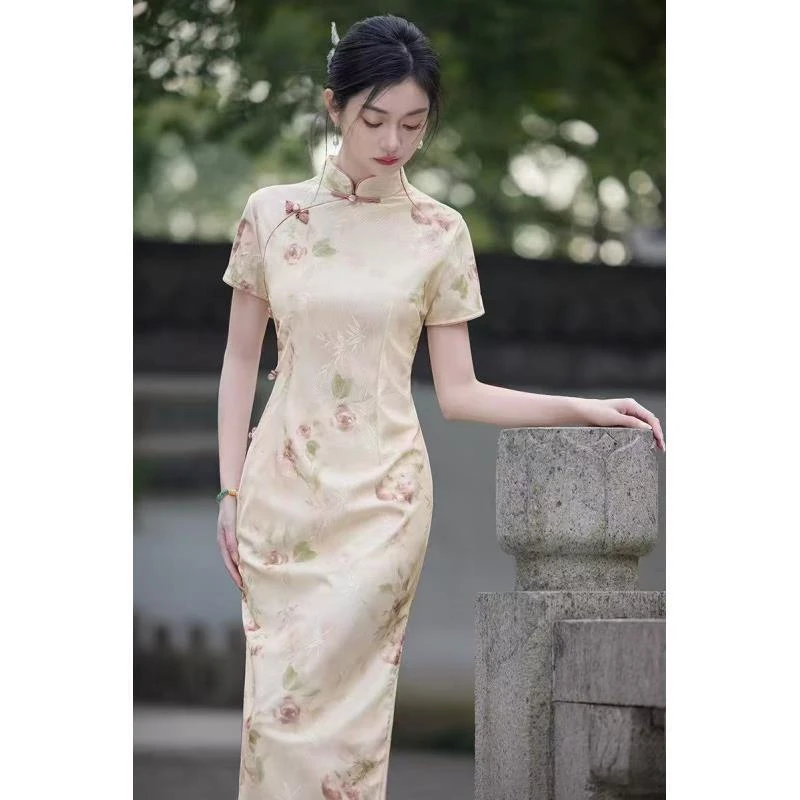 女色年华春夏新款黄绿色高级旗袍气质网红时尚夏季复古日常中国风