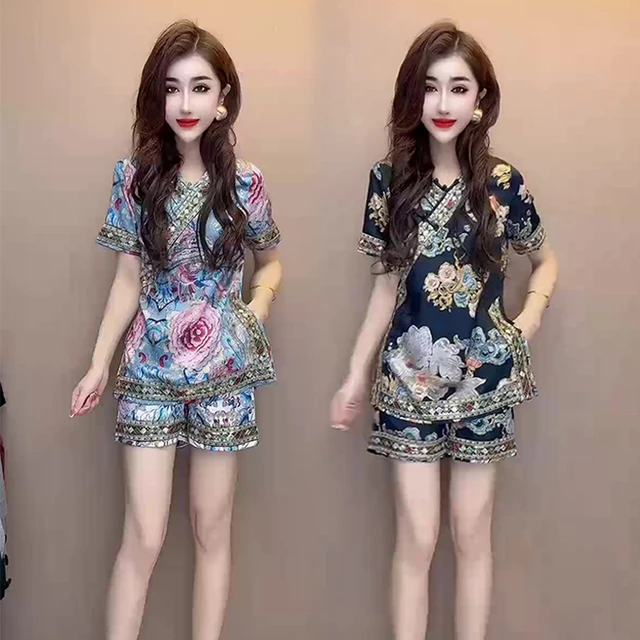 新中式国风复古两件套女春季新款宽松遮肉短袖t恤休闲短裤套装潮