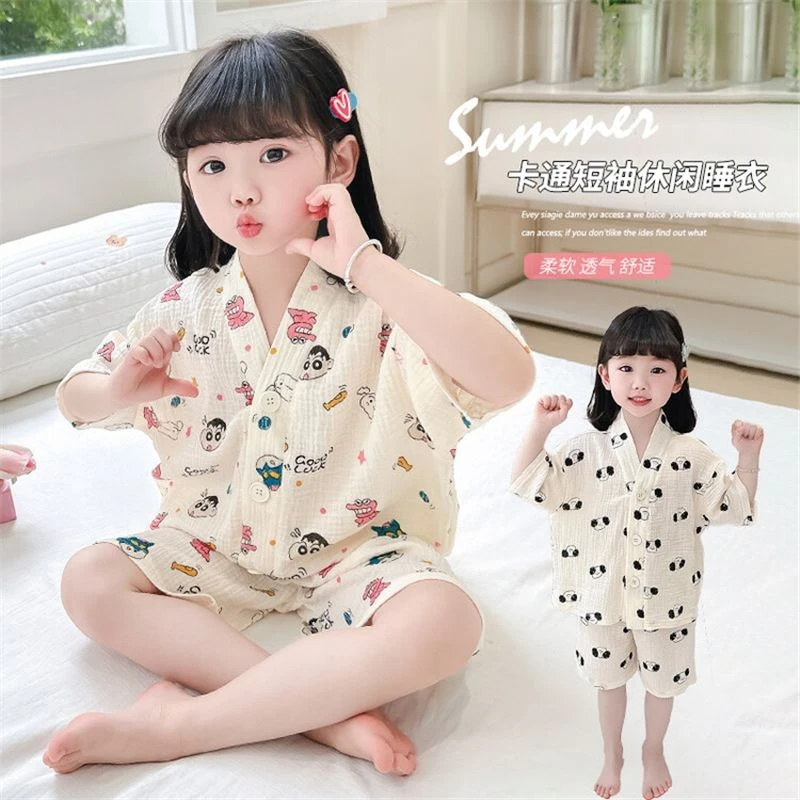 女童睡衣夏季薄款棉纱布家居服立领女宝棉麻儿童短袖空调服7363