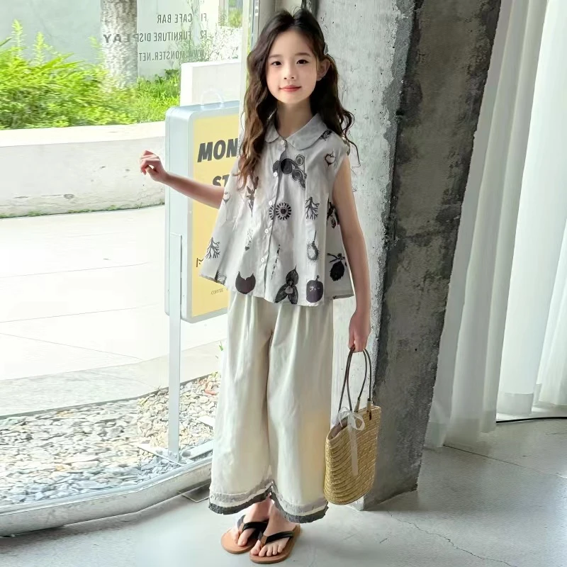 女童夏装套装2025新款洋气中大童女孩时髦衬衫儿童薄款无袖两件套