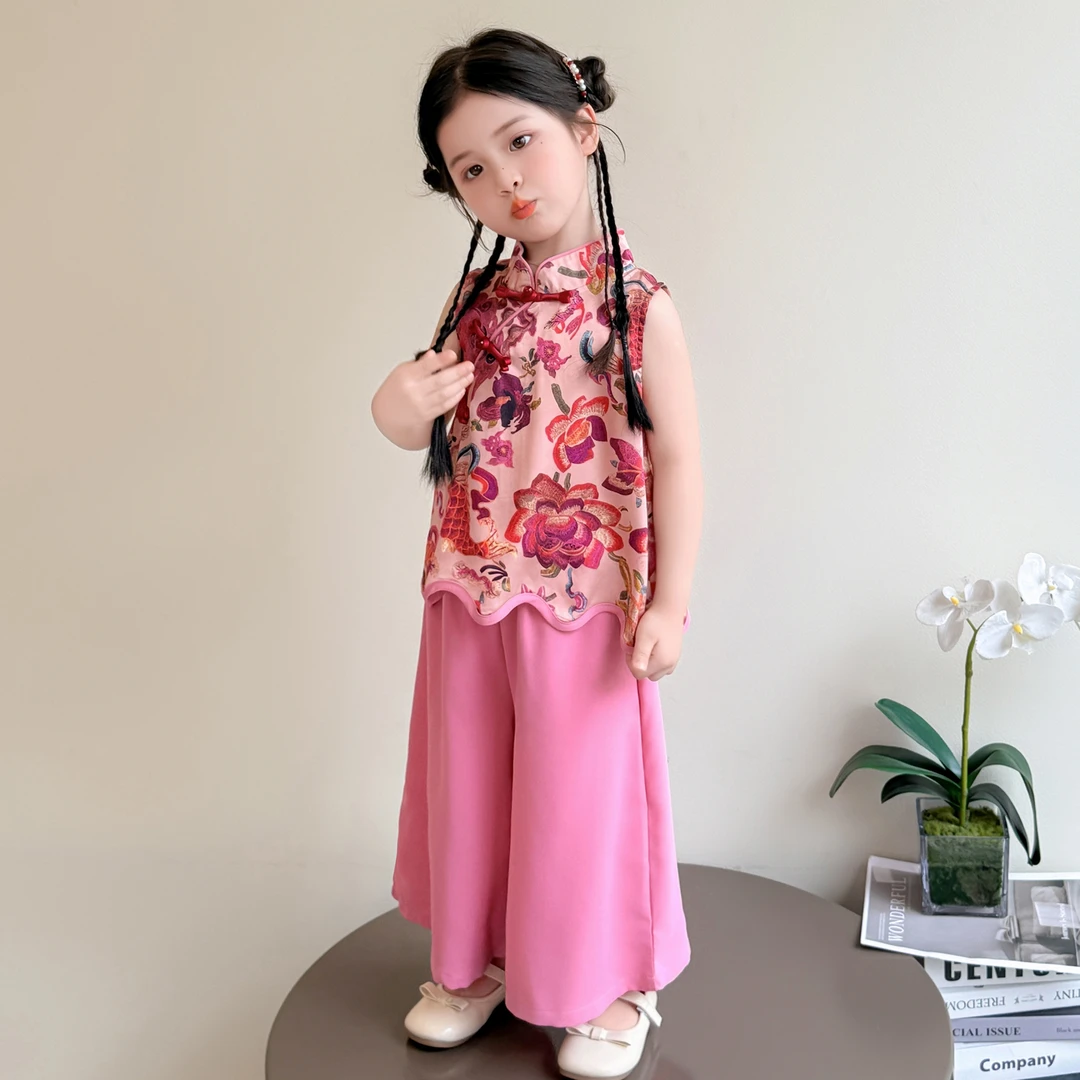 女宝宝夏季新中式国风旗袍套装背心阔腿裤洋气防蚊两件套公主裙潮