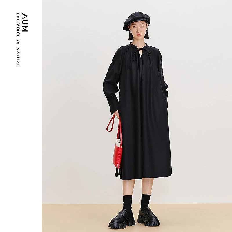 【商场同款】AUM噢姆长袖长裙黑色气质针织连衣裙M1FZ12526