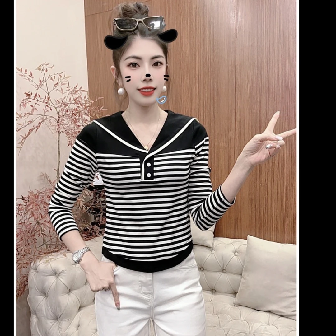 月月家,新款秋款时尚海军领条纹休闲减龄上衣小衫555