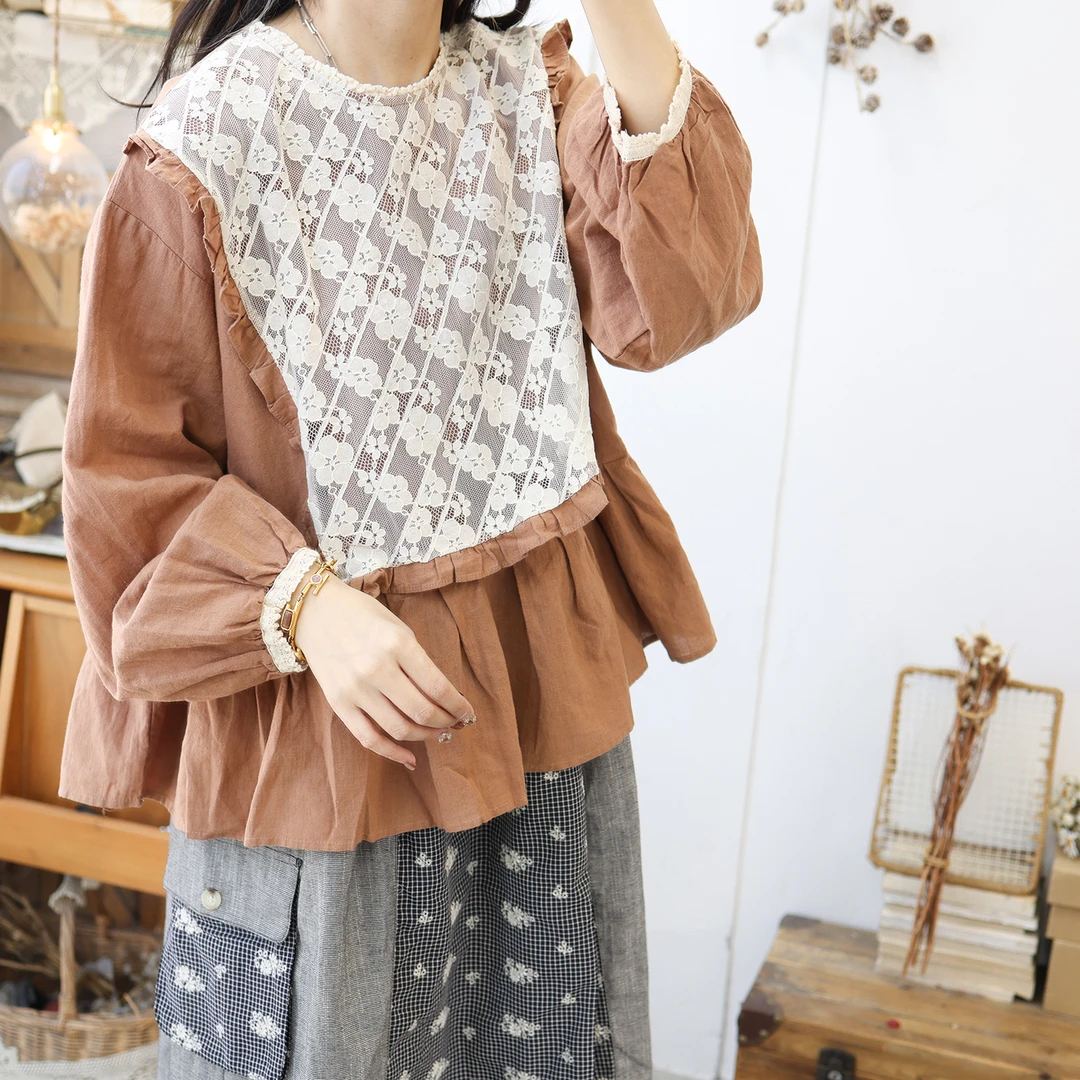 美村日系森女高腰刺绣娃娃衫蕾丝花边衬衣女装甜美刺绣衬衣