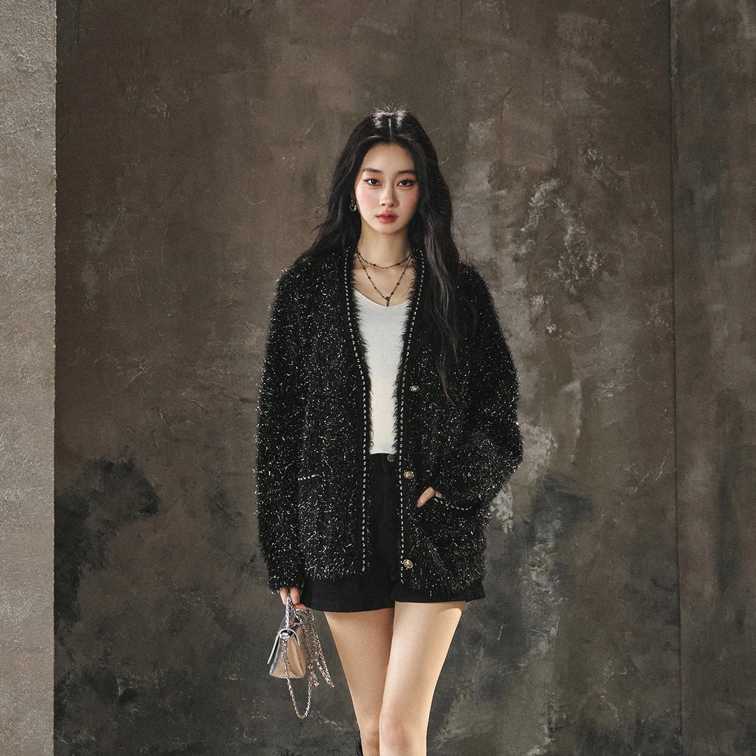 小香风金属链条织带装饰慵懒感毛衣外套 RA243SZ0434