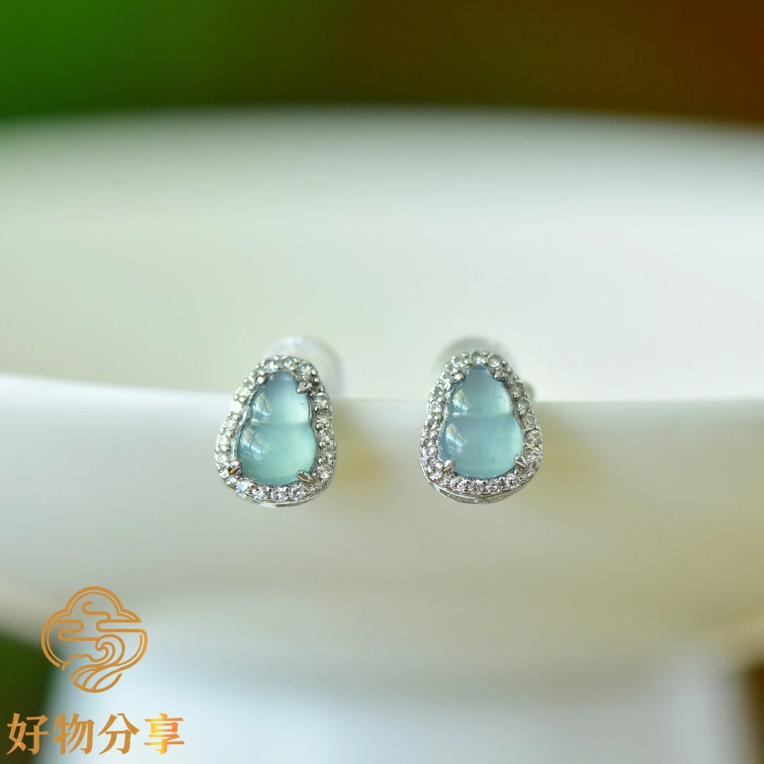 s925银镶蓝水翡翠葫芦气质轻奢时尚精致高冰耳钉适合自带送礼
