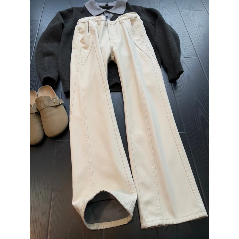 美式米白色斜切纯棉牛仔裤男款秋冬显瘦百搭裤子显腿长直筒工装裤