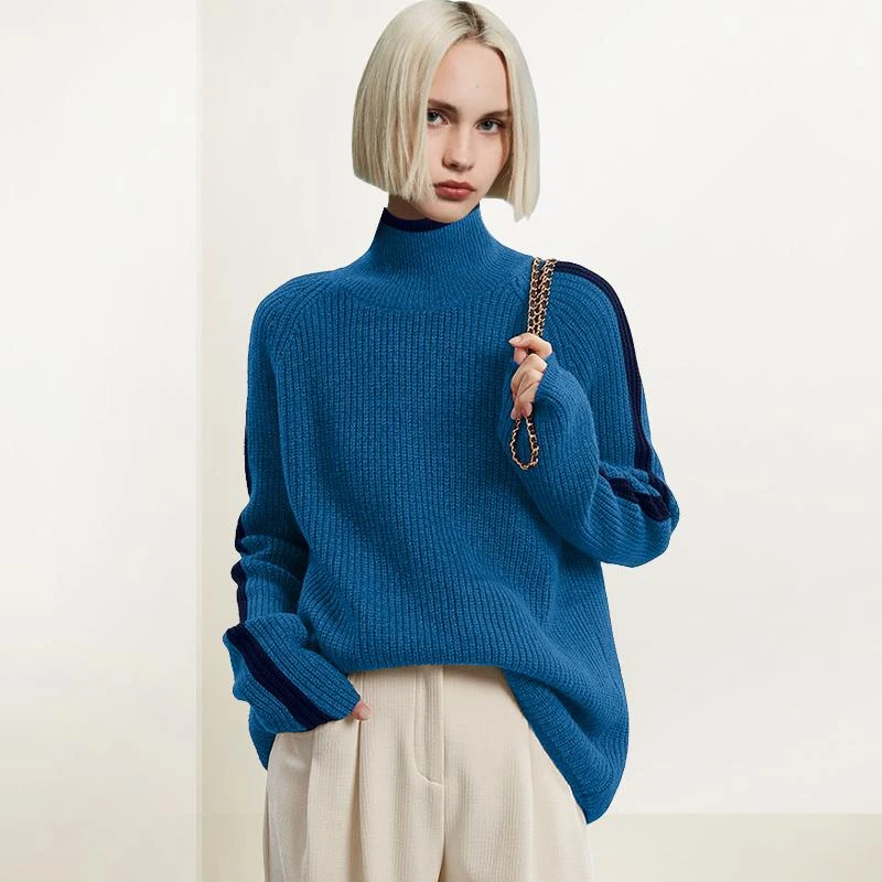蓝色慵懒风针织打底衫女2025年冬装新款宽松显瘦加厚撞色高领毛衣