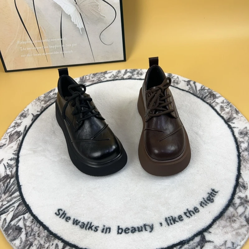 真皮松糕厚底大头小皮鞋女2025春新款圆头增高潮酷轻便透气乐福鞋