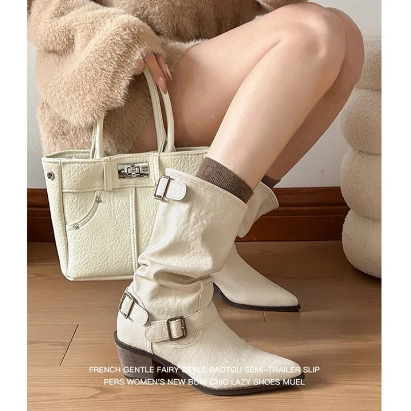 牛皮版~韩版真皮尖头马丁靴女秋冬新款堆堆靴复古软皮高跟短筒靴