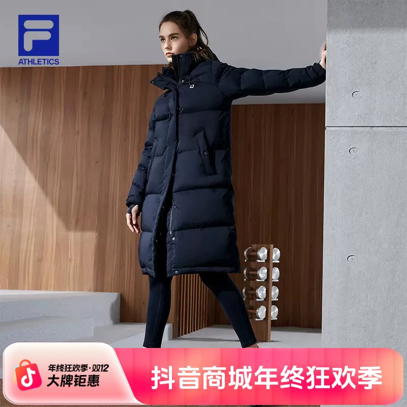 斐乐FILA女款休闲鹅绒羽绒服长款冬新款连帽保暖上衣-A11W141916F