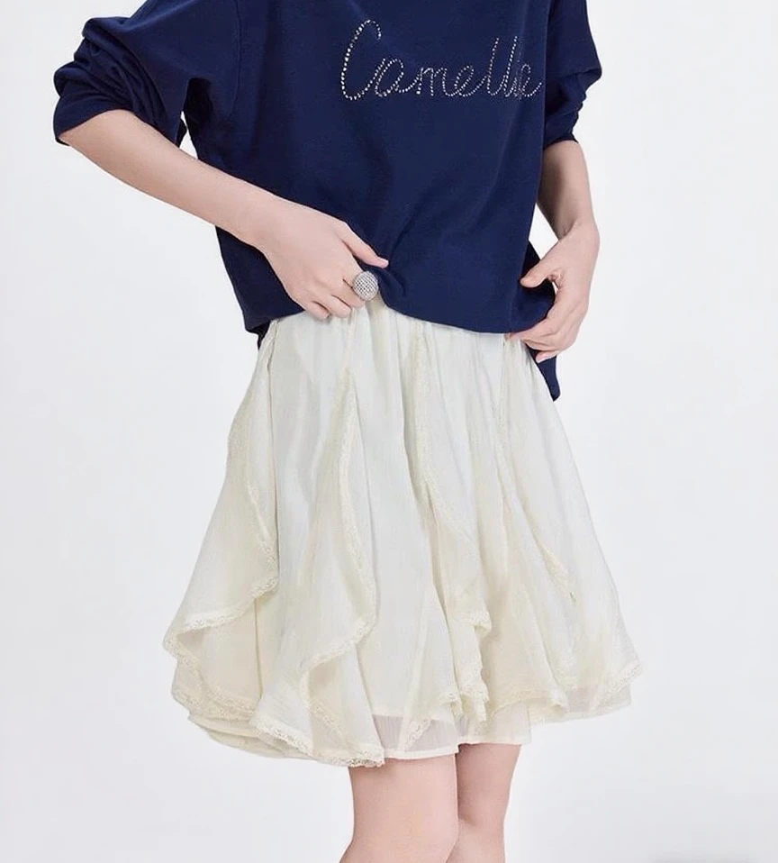 花仙子半裙 肌理感薄纱松紧腰蕾丝拼接唯美蛋糕裙