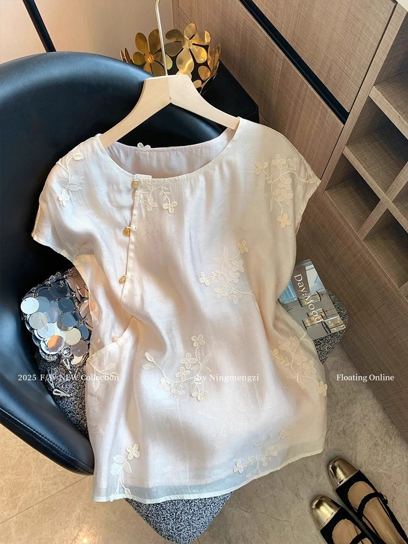 新中式花朵刺绣斜襟飞飞袖衬衫女2025夏季温柔气质减龄百搭上衣潮