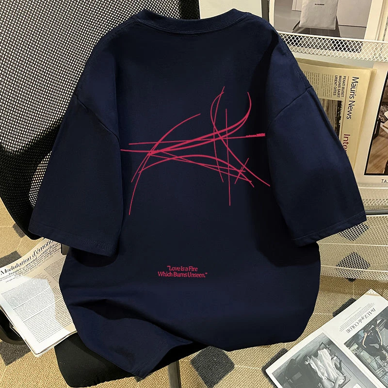 夏季重磅纯棉短袖美式休闲线条字母印花T恤韩版大码休闲百搭设计