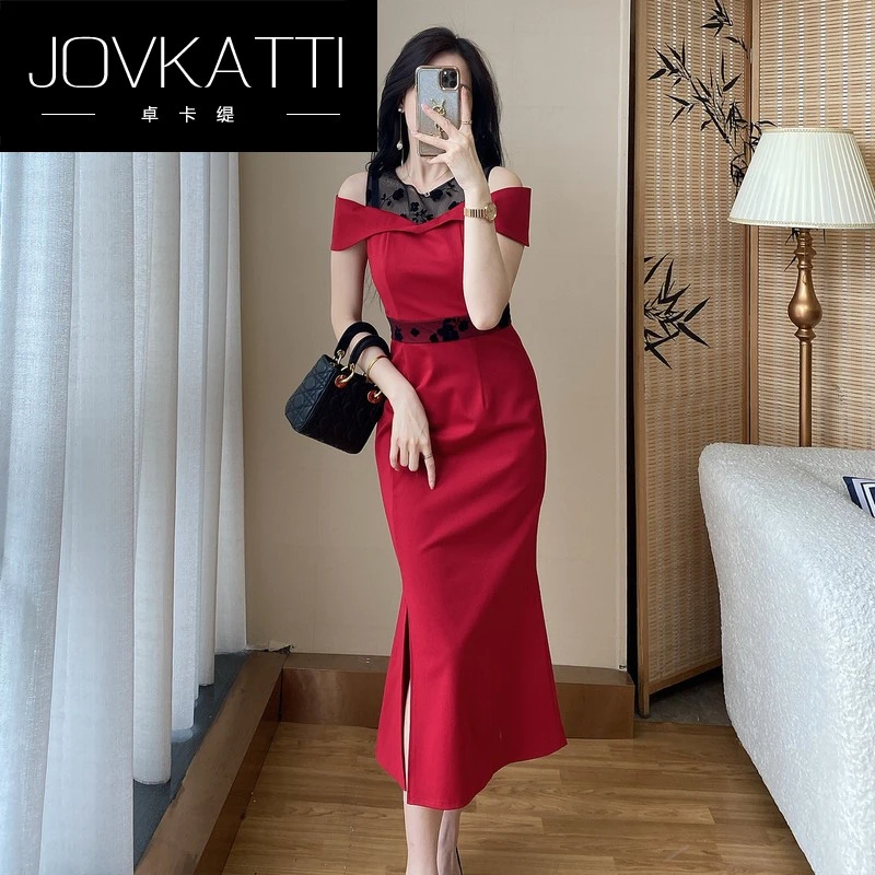 一字肩修身连衣裙小众轻奢女装晚礼服气质女人味法式长裙收腰显瘦