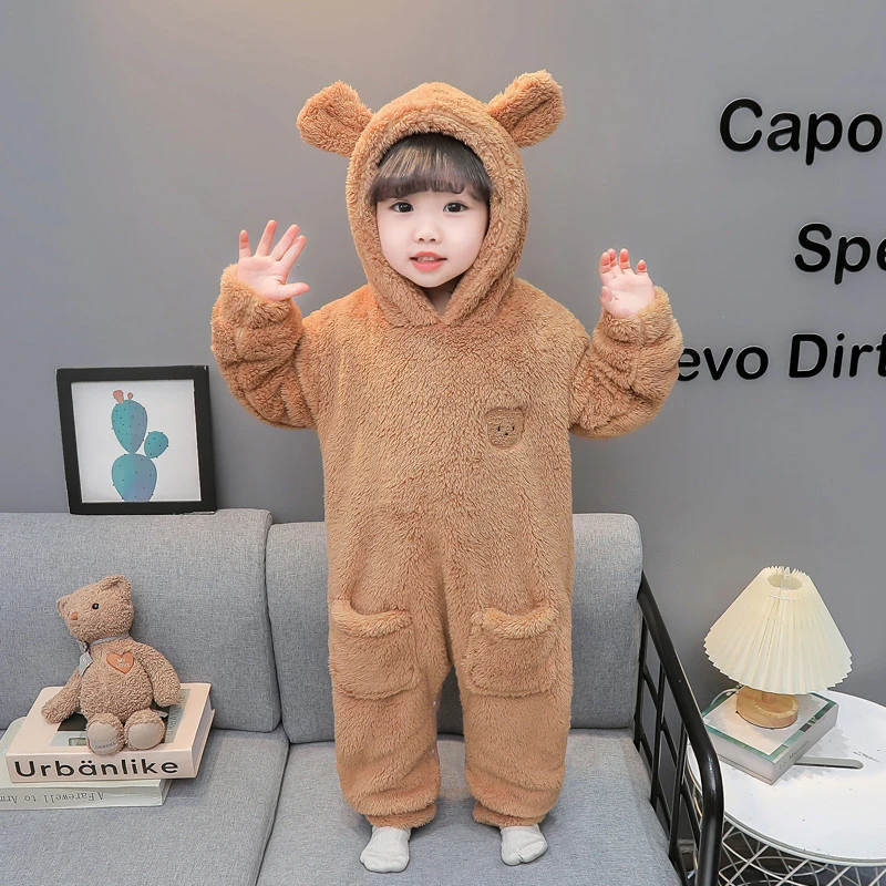 儿童连体睡衣秋冬季法兰绒男童睡袋加绒加厚宝宝女孩珊瑚绒家居服