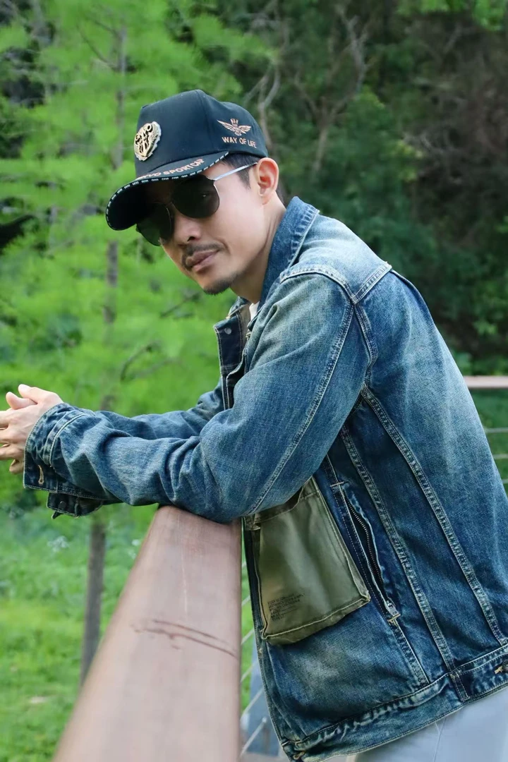 欧宝锋同款重磅厚实丹宁水洗做旧军工装口袋潮牌复古牛仔夹克外套