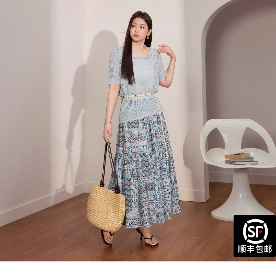 蓝语大码女装波西米亚风夏套装透气镂空短袖上衣显瘦半身裙07461