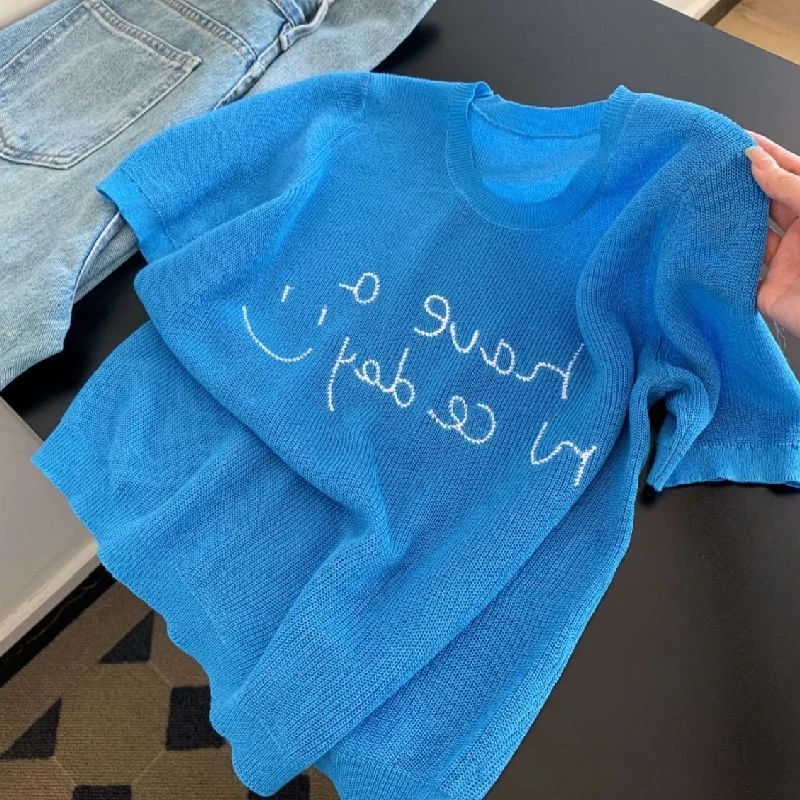 2025夏季新款设计感小众清新百搭上衣休闲字母刺绣针织短袖T恤女
