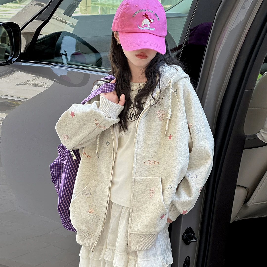 【涵妈推荐】女大童秋款星星印花抽绳连帽口袋卫衣初中生大码外套秋