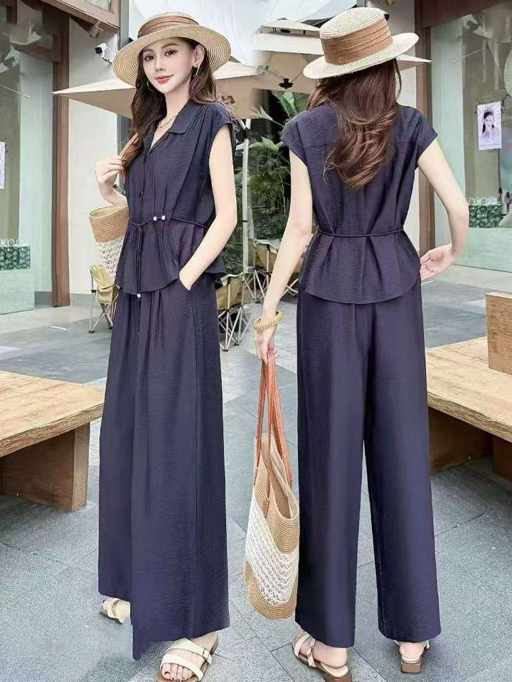 夏季新款韩系高级感减龄衬衫阔腿裤时尚套装838