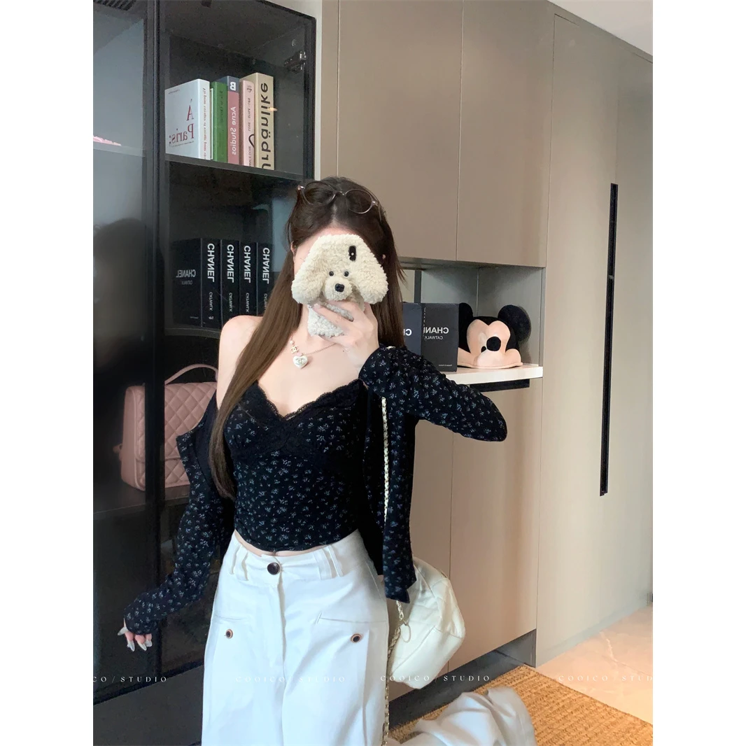 独特绝美漂亮小套装bm碎花蕾丝吊带背心女早秋长袖开衫上衣两件套