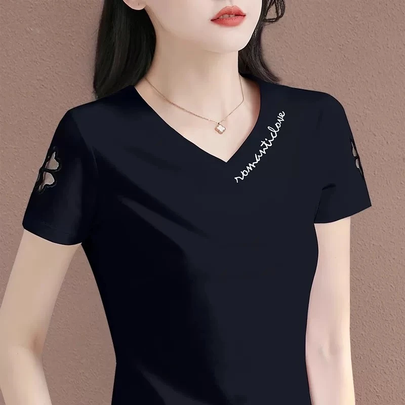 黑色V领短袖t恤女2025夏季新款中年妈妈洋气减龄气质爆款半袖上衣