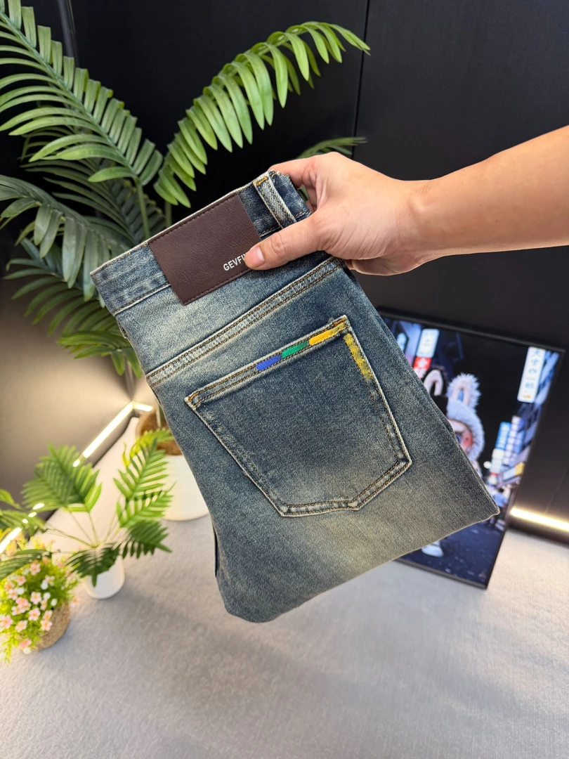 【KC专属】彩绘设计秋冬款复古蓝色轻奢男牛仔弹力修身小直筒男裤子