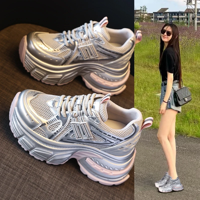 HT1180-32厚底内增高网面透气老爹鞋女2025年夏季松糕运动休闲鞋