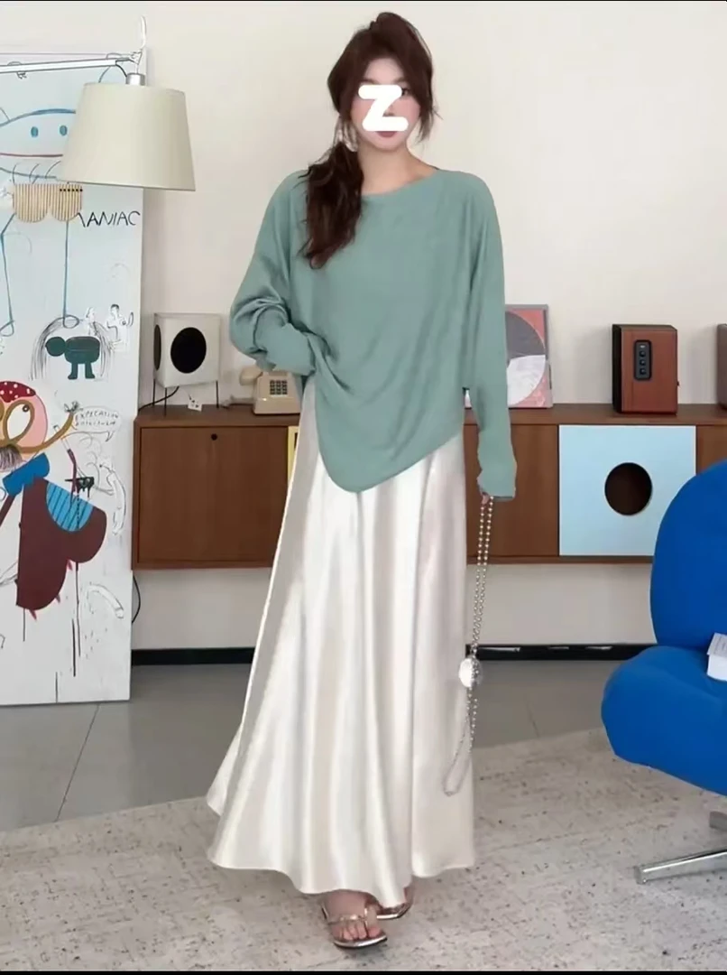 现货 【鎏光柏林】不规则套头蝙蝠衫+仿缎高腰A字裙2879衣/2878裙