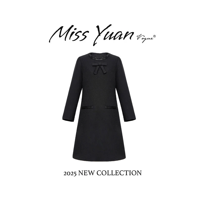 M.Y媛总 2025早秋新款蝴蝶结圆领显瘦长袖连衣裙女 1MY3918Q