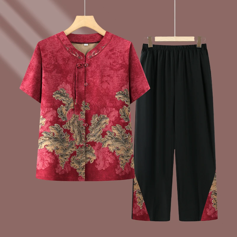 妈妈装套装中老年人夏装短袖T恤奶奶两件套老太太老人衣服薄套装