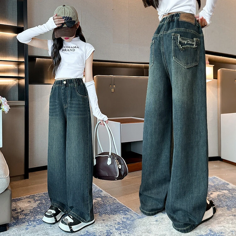 女大童春秋款阔腿裤子2025新款秋季洋气直筒女童6岁女童牛仔裤