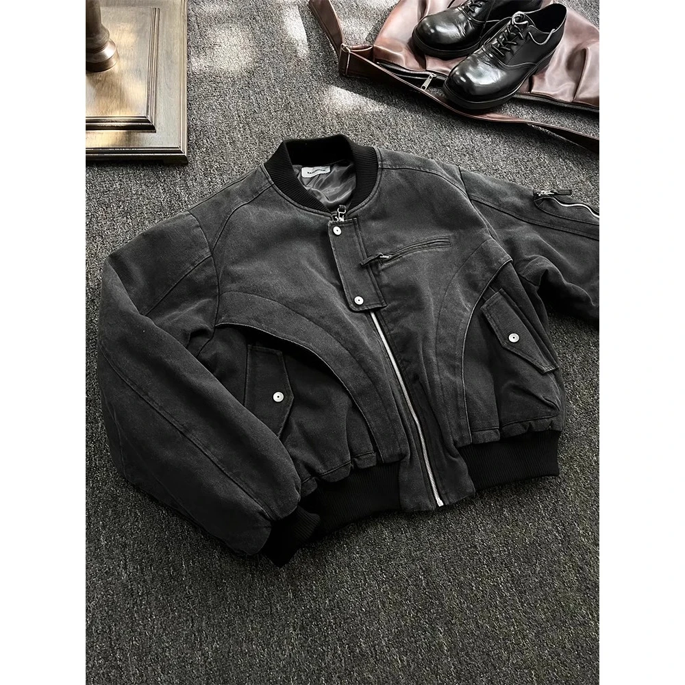 美式水洗工装牛仔帆布外套男女春秋短宽vibe风BOMBER夹克情侣上衣