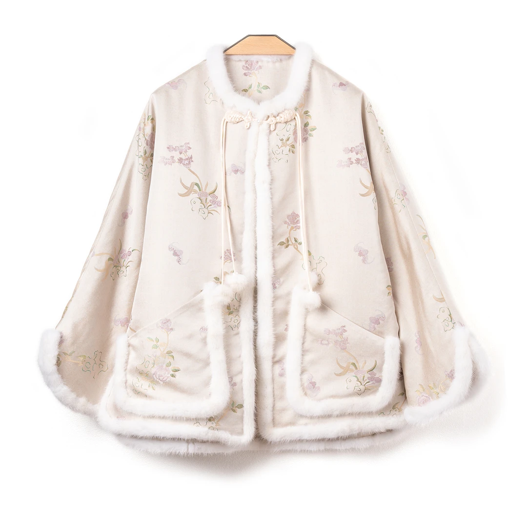 上久楷非遗宋锦山石牡丹四重纬桑蚕丝拼接水貂毛外套复古古风加厚