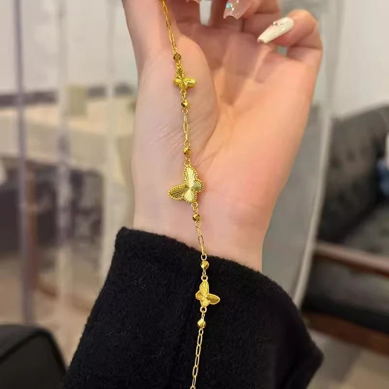 铜合金手链 【蝴蝶】镭射金色手链有延长扣仙女首饰品