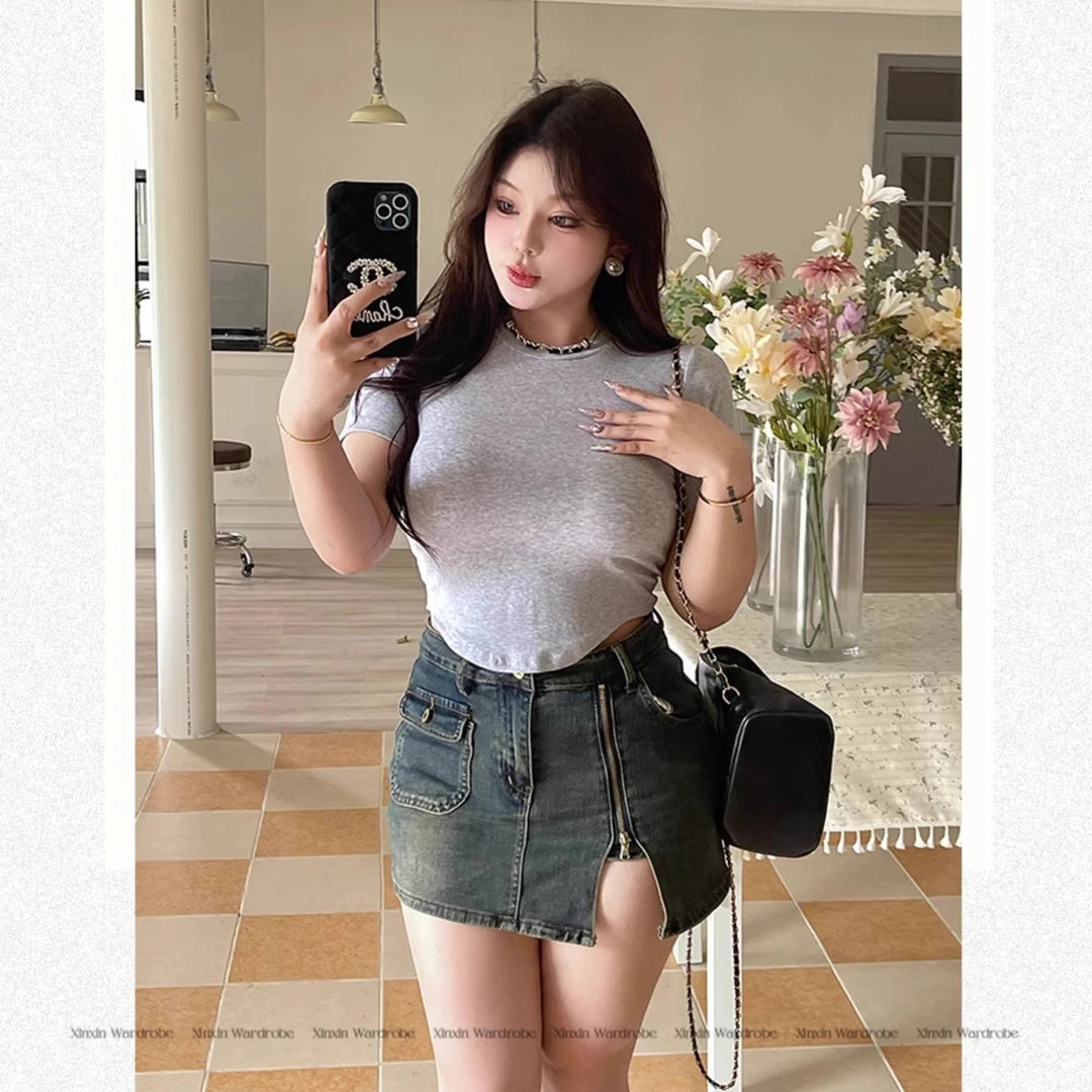 微胖辣妹包臀裙复古做旧牛仔裙裤女拉链开叉防走光高腰显瘦半身裙