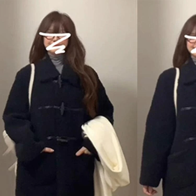 黑色牛角扣羊羔毛绒外套女秋冬季加绒加厚中长款入冬皮毛一体大衣