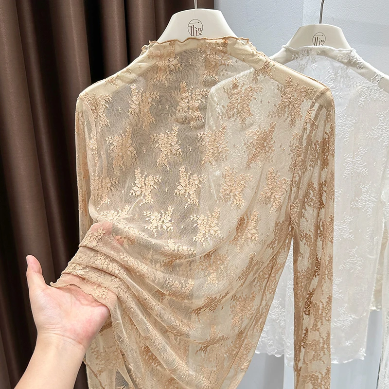半高领蕾丝打底衫女爆款2025新款秋季木耳边网纱长袖高档内搭上衣
