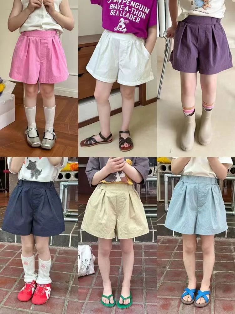 【现货】儿童韩版休闲宽松热裤女童纯色压褶两粒扣短裤25C062