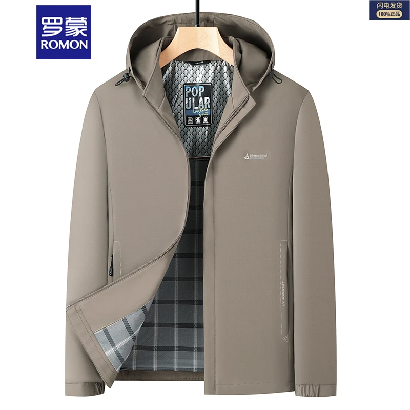 罗蒙春季夹克纯色免烫连帽立领春秋季商务中老年男士夹克衫休闲