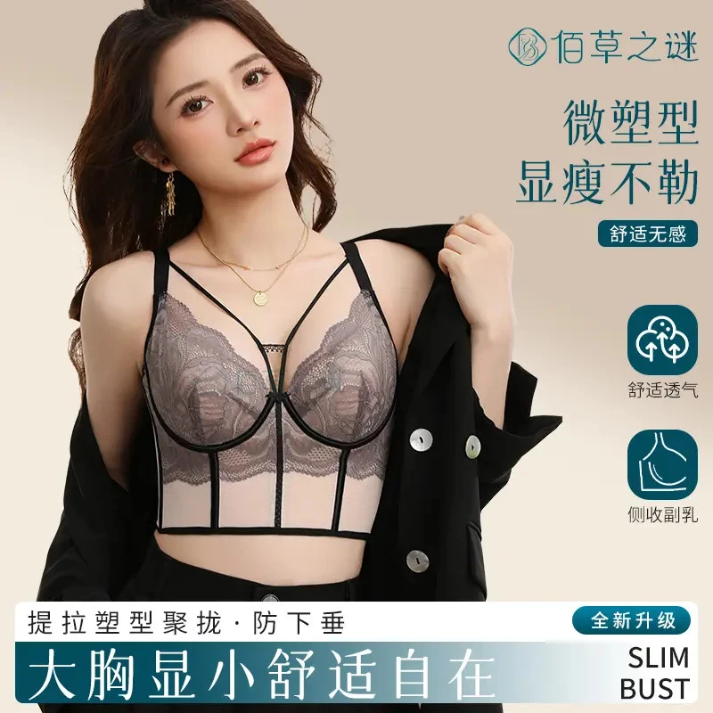 佰草之谜冬焕新休闲风薄款塑形性感上托蕾丝聚拢大码文胸大胸内衣