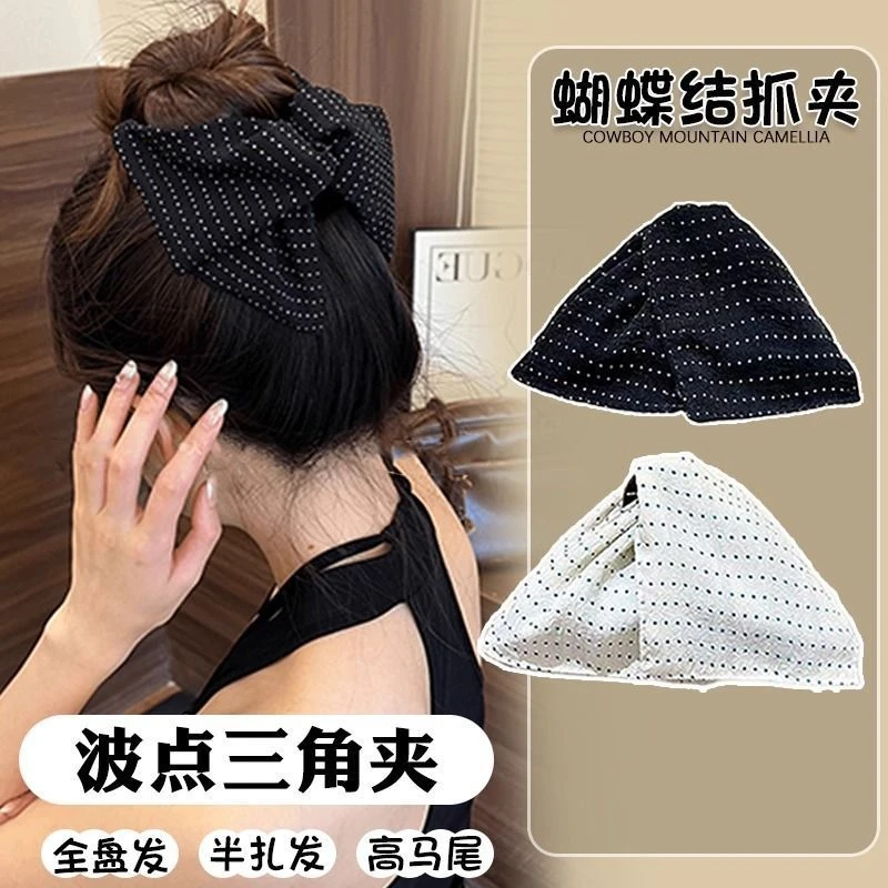 新中式赫本风波点三角发夹抓夹女高级感2025新款后脑勺盘发鲨儿童