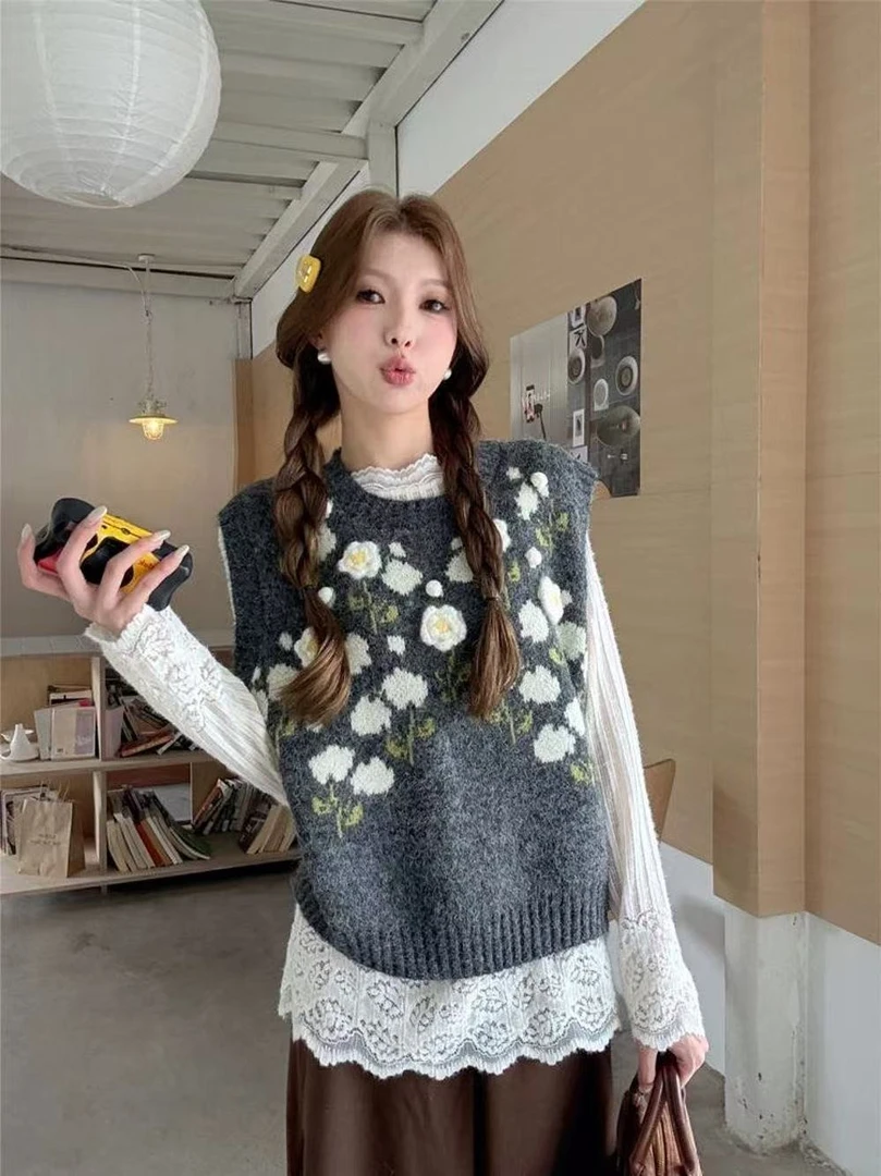 手工钩花 韩系叠穿针织马夹女秋季宽松慵懒立体花朵外搭背心上衣