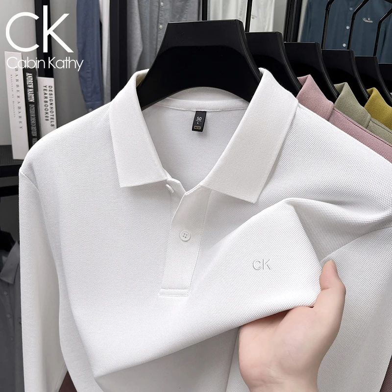 ck正品【海外撤柜】秋季纯色长袖棉t恤男款刺绣翻领高端薄款Polo衫