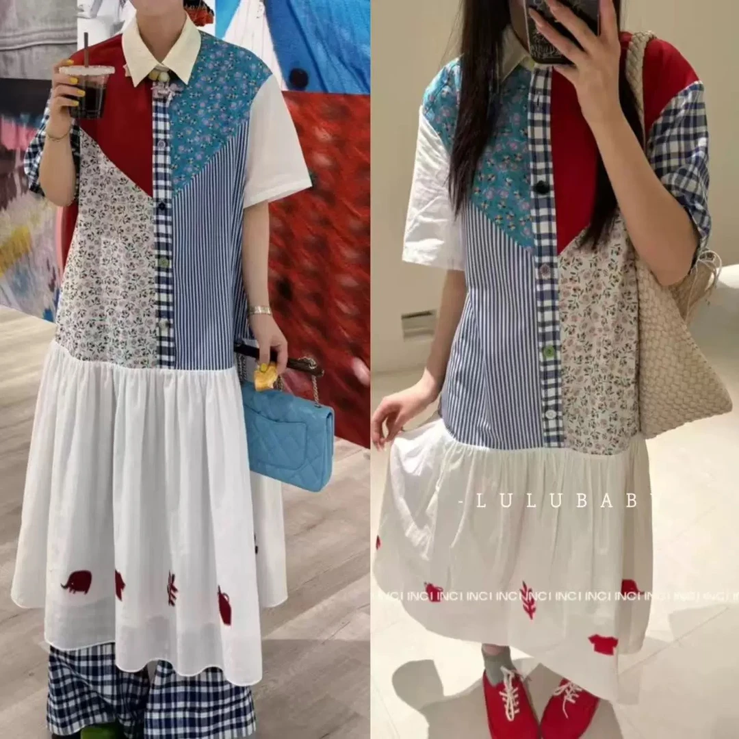 （彩色拼接短袖衬衫裙）时尚女装小众设计感连衣裙气质