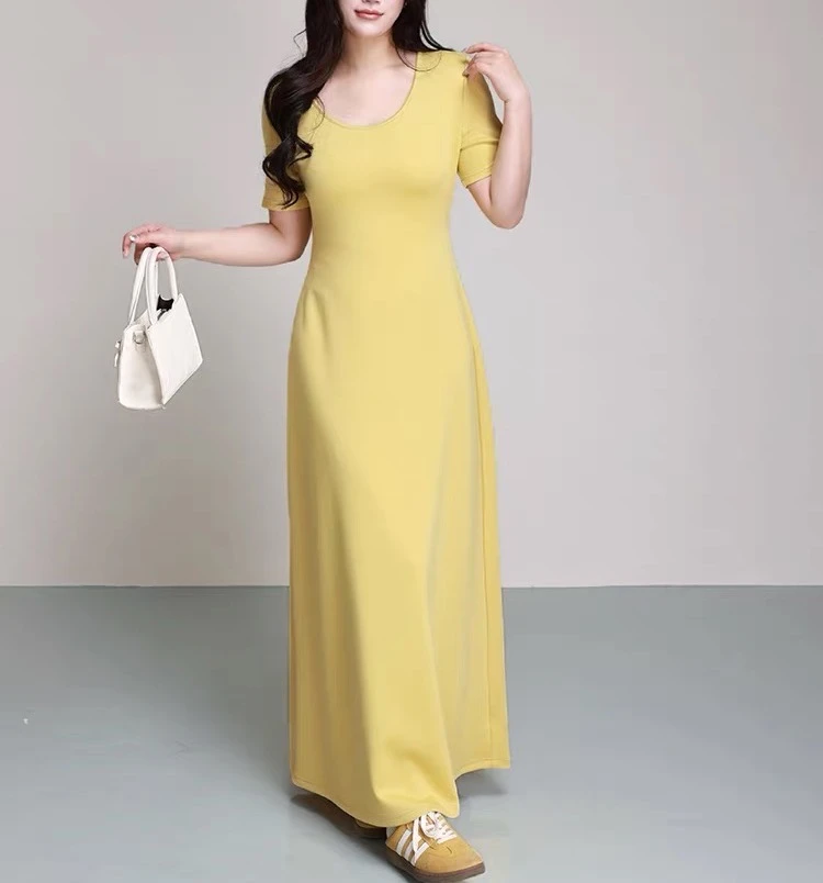 大码女装夏季胖mm显瘦遮肉减龄气质百搭长款连衣裙
